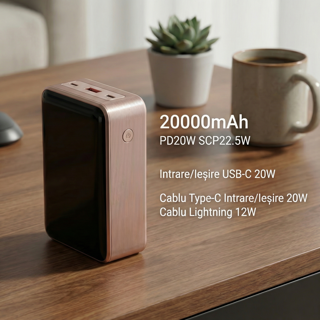 Baterie Externa Daden 20.000mAh, Power Bank Portabil, Incarcare Rapida 22.5W, 3 Porturi, Display LED, Compatibil Apple, Samsung, Universal, Cablu Inclus, Type-C, Lightning, Micro-USB, USB-A, Roz Baterie Externa Daden 20.000mAh, Power Bank Portabil, Incarcare Rapida 22.5W, 3 Porturi, Display LED, Compatibil Apple, Samsung, Universal, Cablu Inclus, Type-C, Lightning, Micro-USB, USB-A, Roz - imagine 5