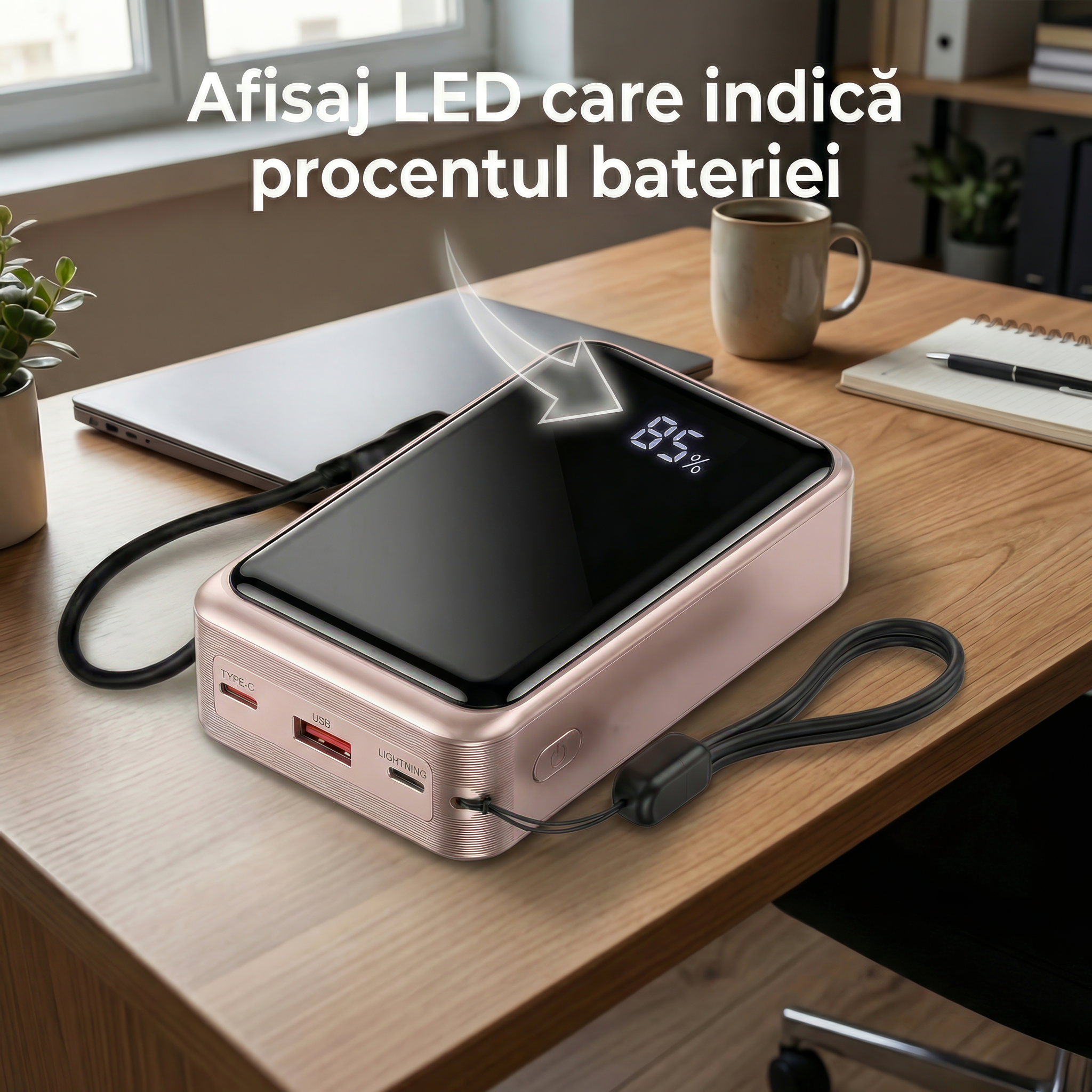 Baterie Externa Daden 20.000mAh, Power Bank Portabil, Incarcare Rapida 22.5W, 3 Porturi, Display LED, Compatibil Apple, Samsung, Universal, Cablu Inclus, Type-C, Lightning, Micro-USB, USB-A, Roz Baterie Externa Daden 20.000mAh, Power Bank Portabil, Incarcare Rapida 22.5W, 3 Porturi, Display LED, Compatibil Apple, Samsung, Universal, Cablu Inclus, Type-C, Lightning, Micro-USB, USB-A, Roz - imagine 3
