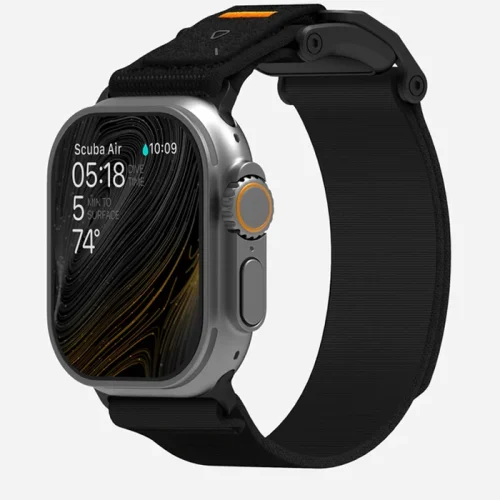 Curea pentru Apple Watch Ultra 1/2/3 49mm, Seria 11/10/9/8/7 45mm, Seria 6/5/4/SE 44mm, Aulumu A11, Nylon moale, Catarama neagra magnetica inox, Confort maxim, Reglaj rapid, Negru Inchis