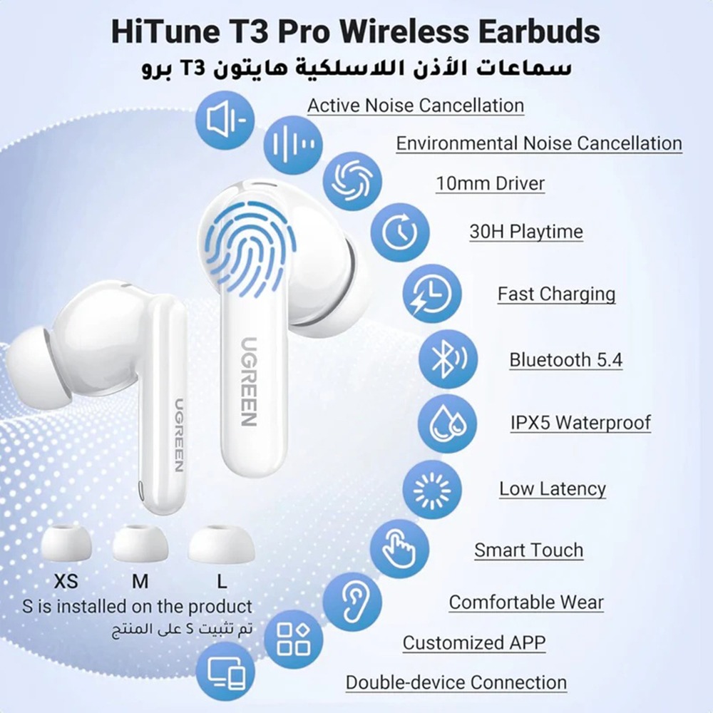 Casti wireless Ugreen HiTune T3 Pro WS206, In-Ear, Bluetooth, ANC, Type-C, 400mAh, Autonomie pana la 30 ore, Alb Casti wireless Ugreen HiTune T3 Pro WS206, In-Ear, Bluetooth, ANC, Type-C, 400mAh, Autonomie pana la 30 ore, Alb - imagine 4