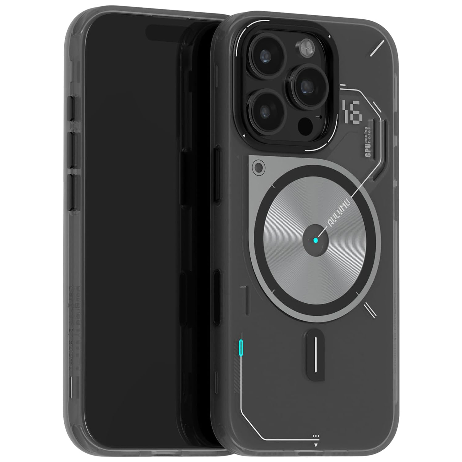 Husa pentru iPhone 16 Pro Max, Aulumu A16 Frosted, TPU rezistent, Compatibila MagSafe, Efect fosforescent, Protectie Camera, Butoane aluminiu, Racire activa CoolHyper, Protectie premium, Gri/Transparent
