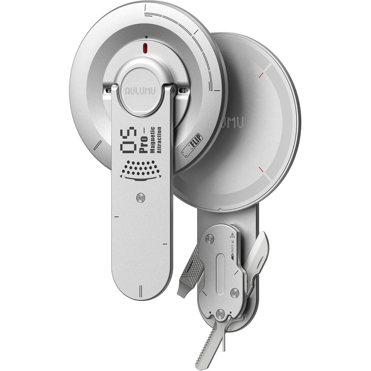 Suport Magnetic pentru telefon 8 in 1, Aulumu G05 Pro, Compatibil MagSafe, Rotire 360°, Reglaj unghi 0-80°, Prindere magnetica puternica 25N, Kit de scule integrat, Cutter, Surubelnita, Pila, Mini fierastrau si pin SIM, Suport birou, Inel ergonomic, Compact si portabil, Argintiu