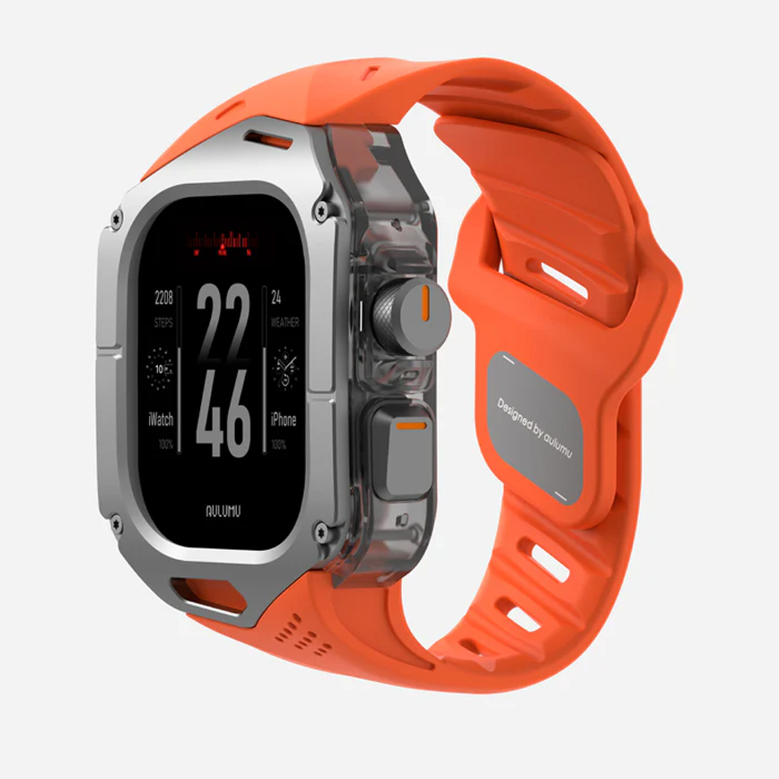 Set Husa si Curea pentru Apple Watch Ultra 1/2/3, Aulumu A01, din Titanium si cauciuc, Rezistenta la socuri, Butoane metalice tactile, Protectie 360°, Banda FKM elastica si durabila, Rezistenta la apa si transpiratie, Design premium, Portocaliu