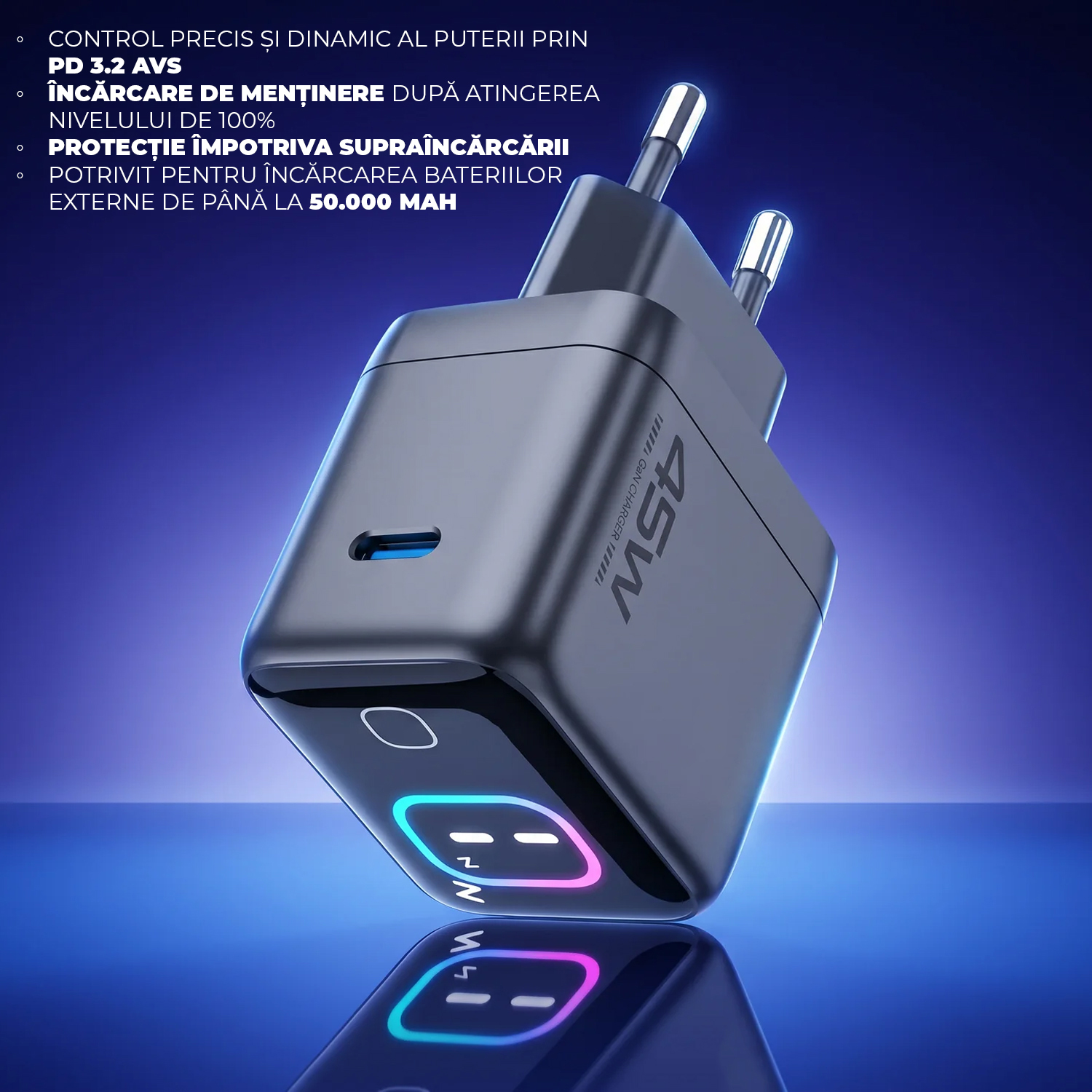 Incarcator 45W Turbo Fast Charge GaN cu Afisaj Digital TFT DaDen, 1x USB Type-C, Incarcare Rapida Power Delivery PD 3.2 AVS, Monitorizare Putere si Temperatura, Protectie Inteligenta, Gri Incarcator 45W Turbo Fast Charge GaN cu Afisaj Digital TFT DaDen, 1x USB Type-C, Incarcare Rapida Power Delivery PD 3.2 AVS, Monitorizare Putere si Temperatura, Protectie Inteligenta, Gri - imagine 3