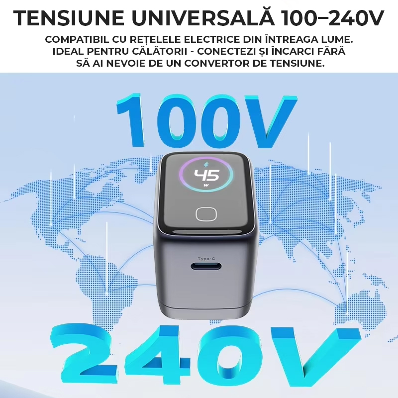 Incarcator 45W Turbo Fast Charge GaN cu Afisaj Digital TFT DaDen, 1x USB Type-C, Incarcare Rapida Power Delivery PD 3.2 AVS, Monitorizare Putere si Temperatura, Protectie Inteligenta, Gri Incarcator 45W Turbo Fast Charge GaN cu Afisaj Digital TFT DaDen, 1x USB Type-C, Incarcare Rapida Power Delivery PD 3.2 AVS, Monitorizare Putere si Temperatura, Protectie Inteligenta, Gri - imagine 7