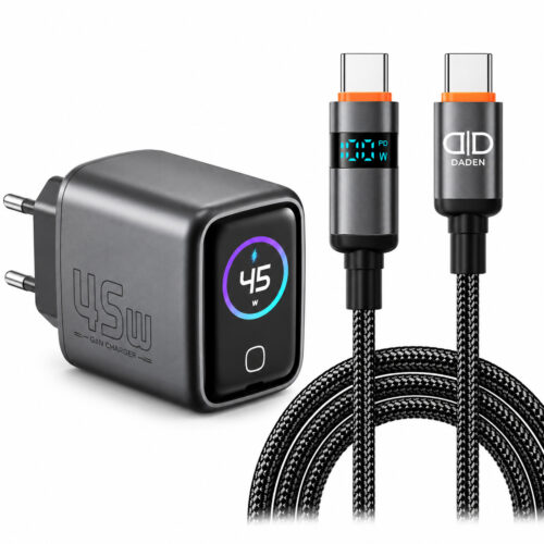 Incarcator 45W Turbo Fast Charge GaN cu Afisaj Digital TFT DaDen, Cablu Type C inclus, 1x USB Type-C, Incarcare Rapida Power Delivery PD 3.2 AVS, Monitorizare Putere si Temperatura, Protectie Inteligenta, Gri